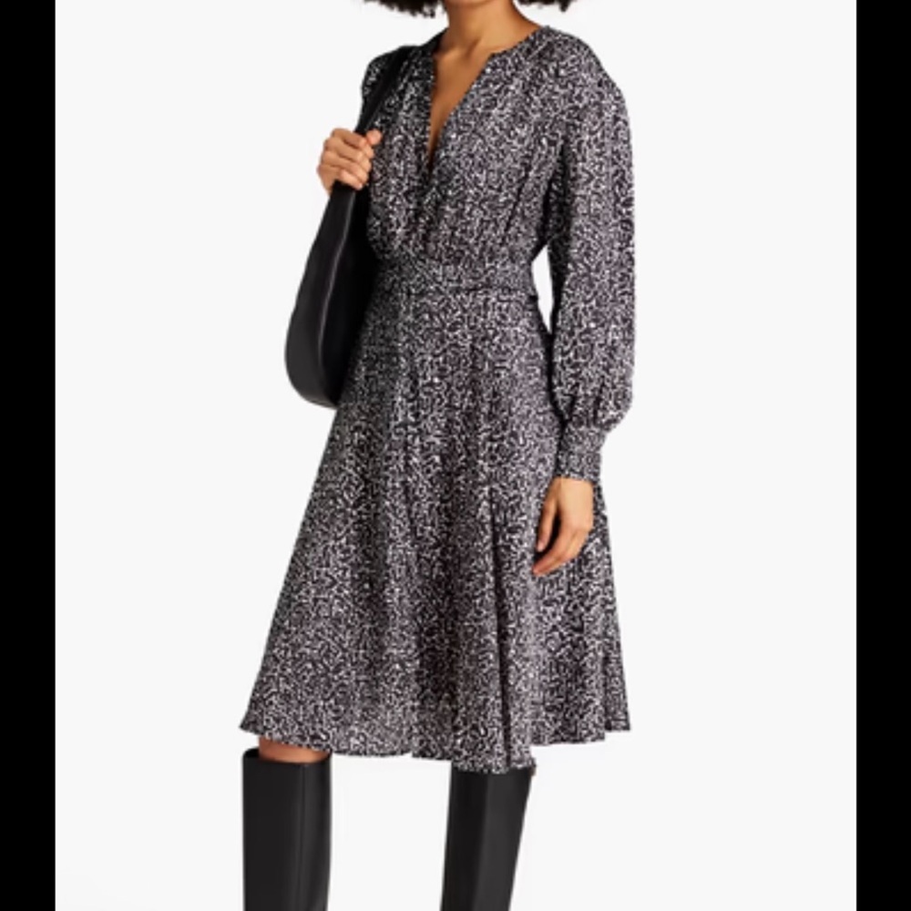 Officine Générale Gathered Printed Satin Midi Dress – Black Size XS